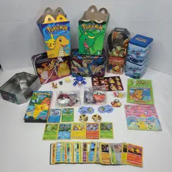 Pokemon Mix Lot Storage Tin Bins TGF Cards & McDonald's Figures Book VHS Sticker - Image 1