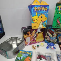 Pokemon Mix Lot Storage Tin Bins TGF Cards & McDonald's Figures Book VHS Sticker - Image 2