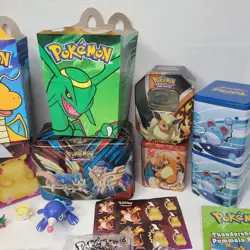 Pokemon Mix Lot Storage Tin Bins TGF Cards & McDonald's Figures Book VHS Sticker - Image 3