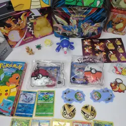 Pokemon Mix Lot Storage Tin Bins TGF Cards & McDonald's Figures Book VHS Sticker - Image 5