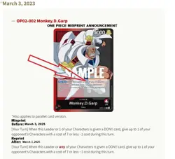 *Misprint* Monkey.D.Garp op02-002 L 1st edition English Manga art ONE PIECE card - Image 3
