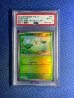 2025 Pokemon PRE EN Cottonee Poke Ball Reverse Holo #007 PSA 10 - Image 1