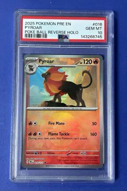 2025 Pokemon PRE EN Pyroar Poke Ball Reverse Holo #016 PSA 10 GEM MT - Image 1