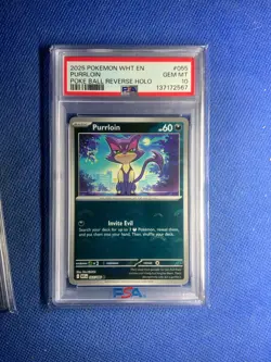 2025 POKEMON WHT EN-WHITE FLARE POKE BALL REVERSE HOLO #055 PURRLOIN PSA 10 - Image 1