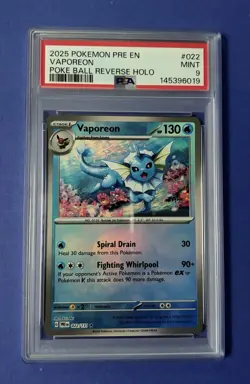 2025 Pokemon PRE EN Vaporeon Poke Ball Reverse Holo #022 PSA 9 MINT - Image 1