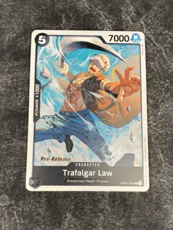 One Piece Card Trafalgar Law OP04 087 Pre-Release Stamp Kingdoms of intrigue - Image 1