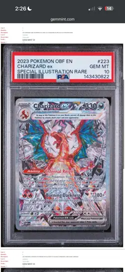 Pokemon TCG Charizard EX Sir Obsidian Flames 223/197 Full Art PSA 10 - Image 1