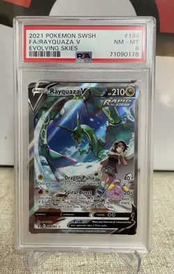 2021 Pokemon SWSH Full Art Rayquaza V Evolving Skies #194 PSA 8 NM-MT - Image 1