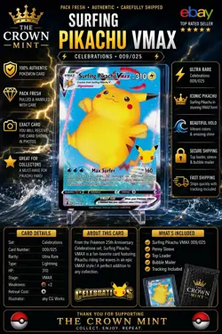 Surfing Pikachu VMAX 009/025 Ultra Rare Holo Celebrations Pokemon Card - Image 1