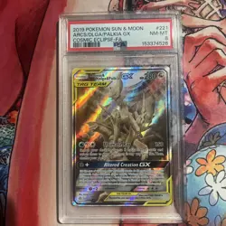 2019 POKEMON SUN & MOON COSMIC ECLIPSE #221 FA/ARCEUS & DIALGA & PALKIA GX PSA 8 - Image 1