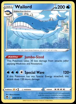 Wailord 038/195 Uncommon Silver Tempest Pokemon Near Mint - Image 1