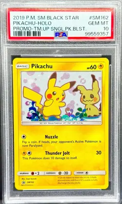 PSA 10 Pikachu SM162 Black Star Promo 2019 Sun Moon Team Up Holo Pokemon SWIRL - Image 1