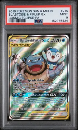 2019 POKEMON SUN & MOON COSMIC ECLIPSE #215 FULL ART/BLASTOISE & PIPLUP GX PSA 9 - Image 1
