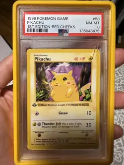 Wizards of the Coast 1999 Pikachu Red Cheeks 1st Ed Base Shadowless PSA 8 - Image 1