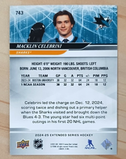 2024-25 UD Extended Series Macklin Celebrini 1ST RD Pick Rookie SHARKS #743 RARE - Image 2
