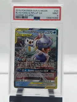 Pokemon TCG Blastoise Piplup GX Holo Card 38/236 Cosmic Eclipse Tag Team, PSA 9 - Image 1