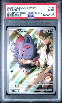 2025 POKEMON JOURNEY TOGETHER POKEMON CENTER ETB PROMO SVP #189 N'S ZORUA PSA 9 - Image 1