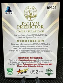 2026 NRL LEAGUE HEROES DALLY M GOLD PREDICTOR - Alofiana Khan Pereira - Titans - Image 2