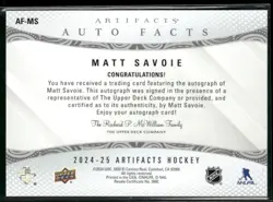 2024-25 UPPER DECK ARTIFACTS MATT SAVOIE AUTO FACTS #AF-MS EDMONTON OILERS! - Image 2