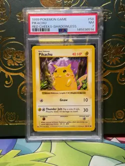 1999 Pokemon TCG Pikachu Red Cheeks Shadowless 058/102 PSA 7 - Image 1