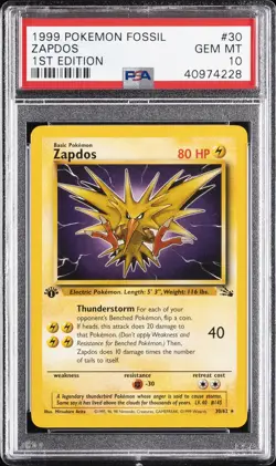 1999 POKEMON FOSSIL 1ST EDITION #30 ZAPDOS PSA 10 - Image 1