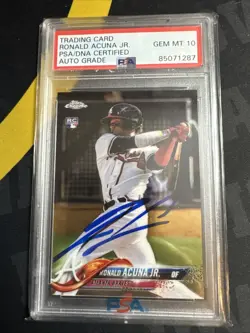 2018 TOPPS CHROME RONALD ACUNA JR PSA 10 AUTOGRAPH ROOKIE BASEBALL CARD. Braves - Image 1