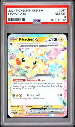 2024 Pokemon Surging Sparks 057 Pikachu ex PSA 8 148931012 - Image 1