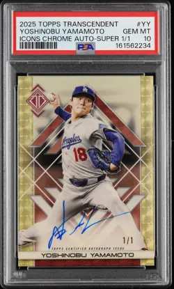 YOSHINOBU YAMAMOTO PSA 10 2025 TOPPS TRANSCENDENT CHROME AUTO SUPERFRACTOR 1/1 - Image 1