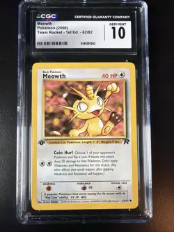 CGC 10 Meowth 1st Edition #62 1st Edition Team Rocket 2000 Pokemon GEM MINT - Image 1