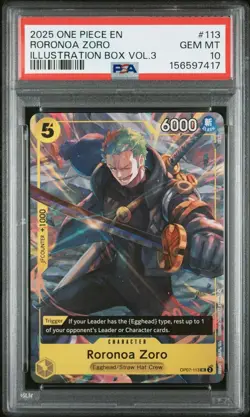 2025 ONE PIECE PROMOS ILLUSTRATION BOX VOL.3 #113 RORONOA ZORO PSA 10 - Image 1