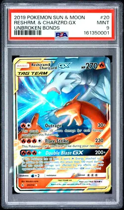 2019 POKEMON SUN & MOON UNBROKEN BONDS #20 RESHIRAM & CHARIZARD GX PSA 9 - Image 1