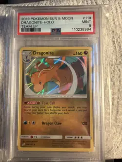 2019 DRAGONITE Pokemon Sun & Moon Team Up #119 HOLO PSA 9 Mint - Image 1
