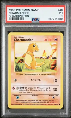 1999 POKEMON BASE SET SHADOWLESS #46 CHARMANDER PSA 1 - Image 1