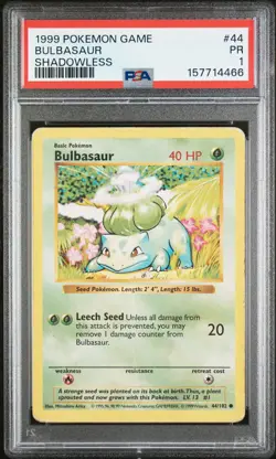 1999 POKEMON GAME SHADOWLESS #44 BULBASAUR PSA 1 - Image 1