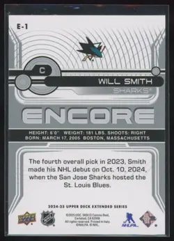 2024-25 UD EXTENDED ENCORE WILL SMITH #E-1 RC SAN JOSE SHARKS INSERT - Image 2