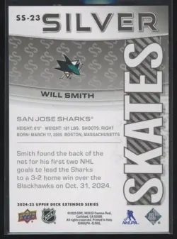 2024-25 UD SILVER SKATES WILL SMITH #SS-23 RC SAN JOSE SHARKS INSERT - Image 2