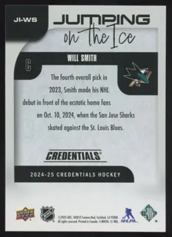 2024-25 UD CREDENTIALS JUMPING ON THE ICE WILL SMITH #JI-WS RC SAN JOSE SHARKS - Image 2