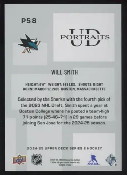 2024-25 UPPER DECK UD PORTRAITS WILL SMITH #P58 RC SAN JOSE SHARKS INSERT - Image 2
