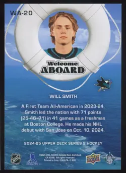 2024-25 UD WELCOME ABOARD WILL SMITH #WA-20 RC SAN JOSE SHARKS INSERT - Image 2