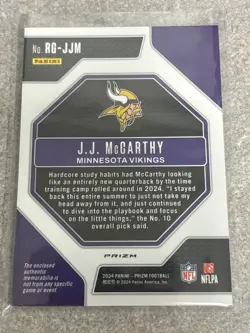 2024 Panini Prizm - Rookie Gear J.J. McCarthy #RG-JJM Purple Pulsar Prizm - Image 2