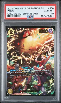PSA 10 Zeus SP Rare OP11-106 Adventure on Kami's Island OP15 One Piece Card Game - Image 1