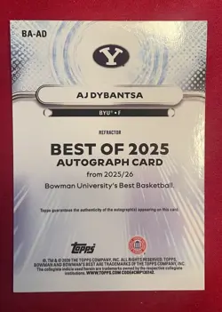 25-26 Bowman University Best AJ Dybantsa On Card Autograph Refractor BYU - Image 2