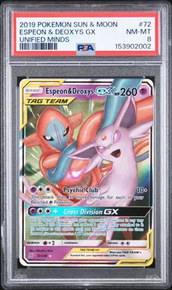 POKEMON 2019 UNIFIED MINDS ESPEON & DEOXYS GX PSA 8 - Image 1