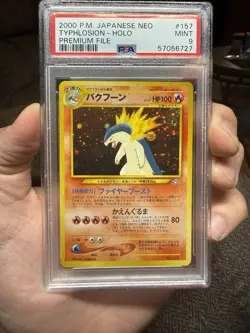 2000 POKEMON JAPANESE NEO PREMIUM FILE #157 TYPHLOSION-HOLO PSA 9 Swirl - Image 1