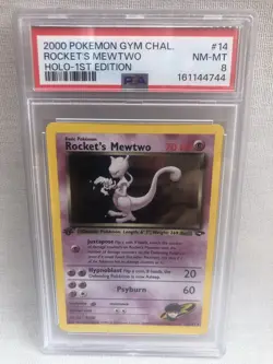 PSA 8 Pokemon 1st Ed. Gym Challenge Rocket’s Mewtwo Holo Rare 14/132 NM-MT Swirl - Image 1