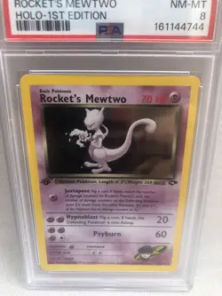 PSA 8 Pokemon 1st Ed. Gym Challenge Rocket’s Mewtwo Holo Rare 14/132 NM-MT Swirl - Image 2