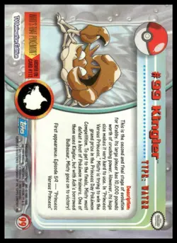 Topps Pokemon Kingler #99 1999 TV Animation Edition Non-Holo Blue Logo NM - Image 2