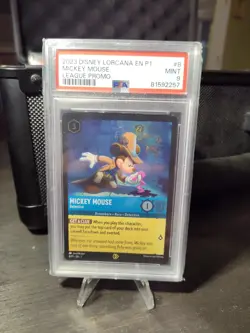 Disney Lorcana MICKEY MOUSE DETECTIVE 8/P1 OP League Foil Promo Card PSA Mint 9 - Image 1