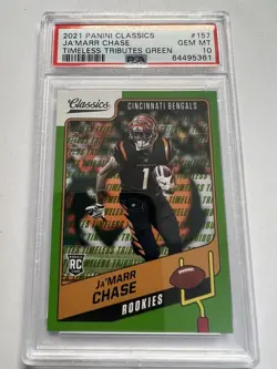 2021 Panini Classics Ja’Marr Chase /25 PSA 10 RC Rookie Timeless Tributes Green - Image 1