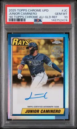 2025 Topps Chrome UPD Junior Caminero 90 Auto /50 Gold Refractor PSA 10 Gem Mint - Image 1